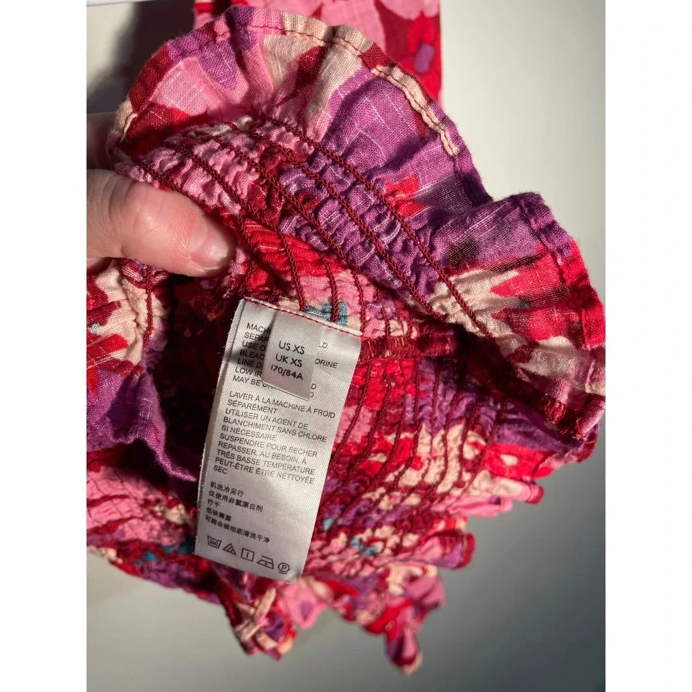 Free People Ariana‎ Printed Top Pink Size XS Feminine Floral Puff Sleeve Smocked